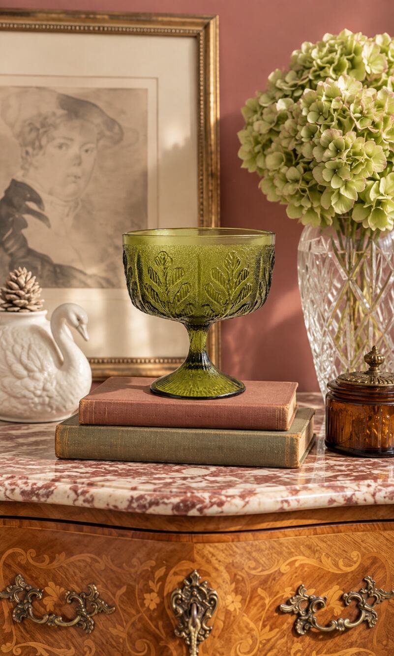 Vintage 1978 FTD Green Glass Pedestal Compote Candy Dish Catch All Centerpiece
